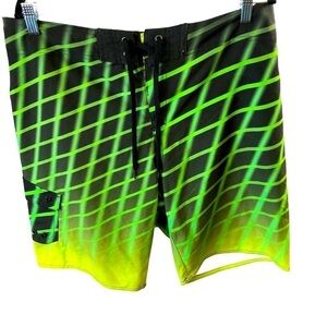 Hang Ten Board Shorts Men 34 Neon Green Black Grid Pattern Front Lace Closure